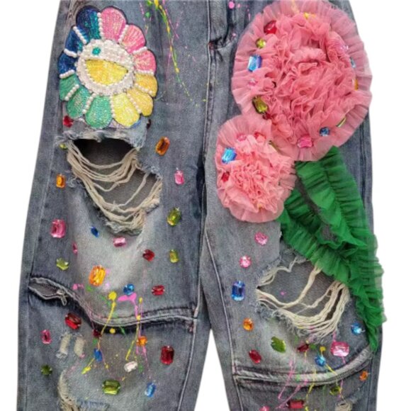 3D Floral Embellished Distressed Jeans Women's Denim Paint Splatter Ripped Y2K - Picture 9 of 11